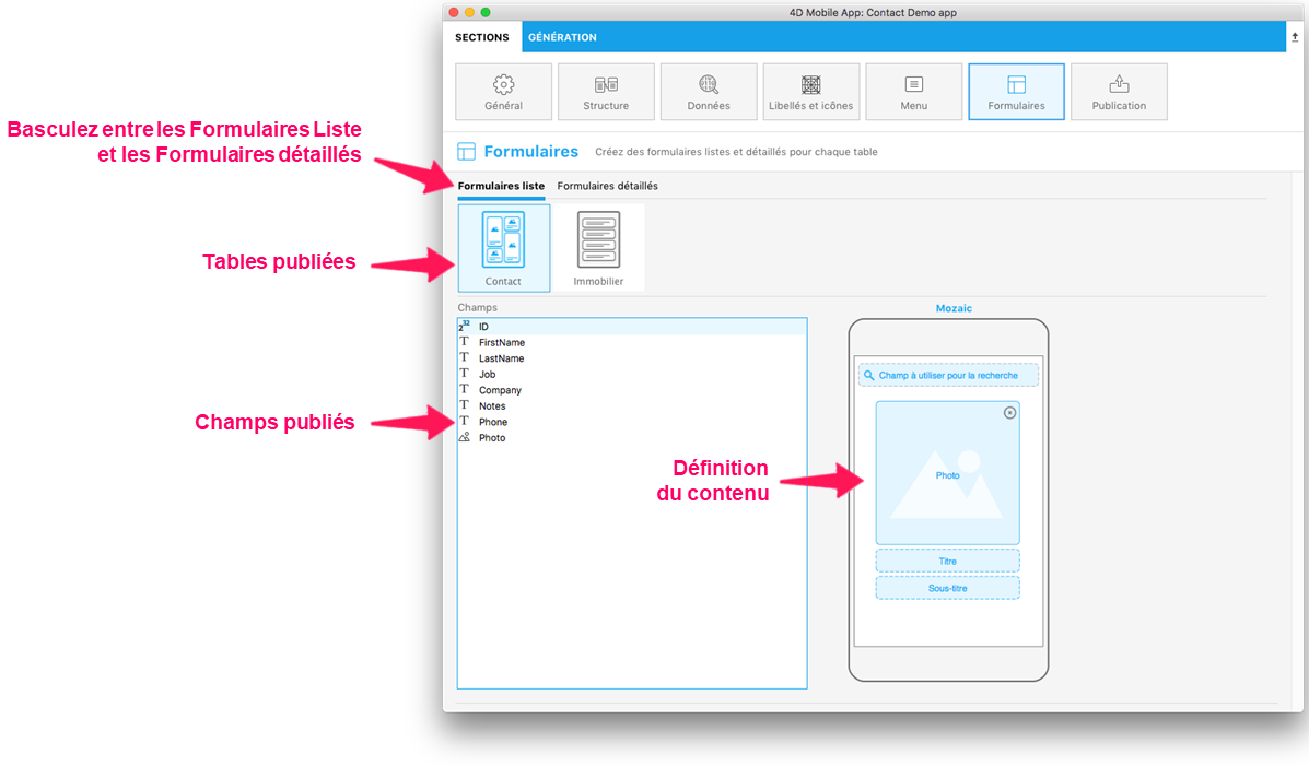 List form content definition