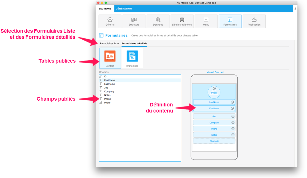 Detail form content definition