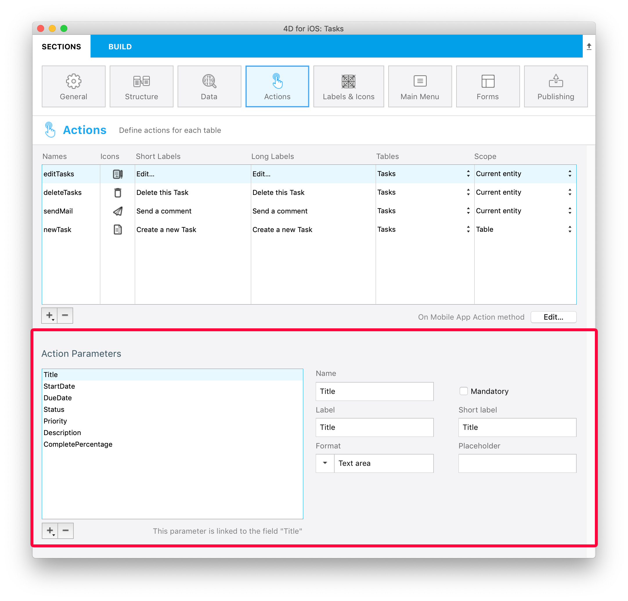 Action parameters