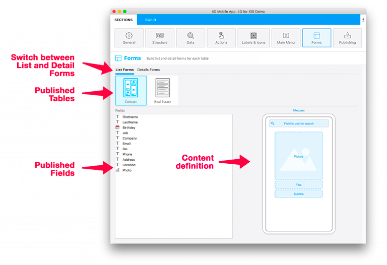 List form content definition