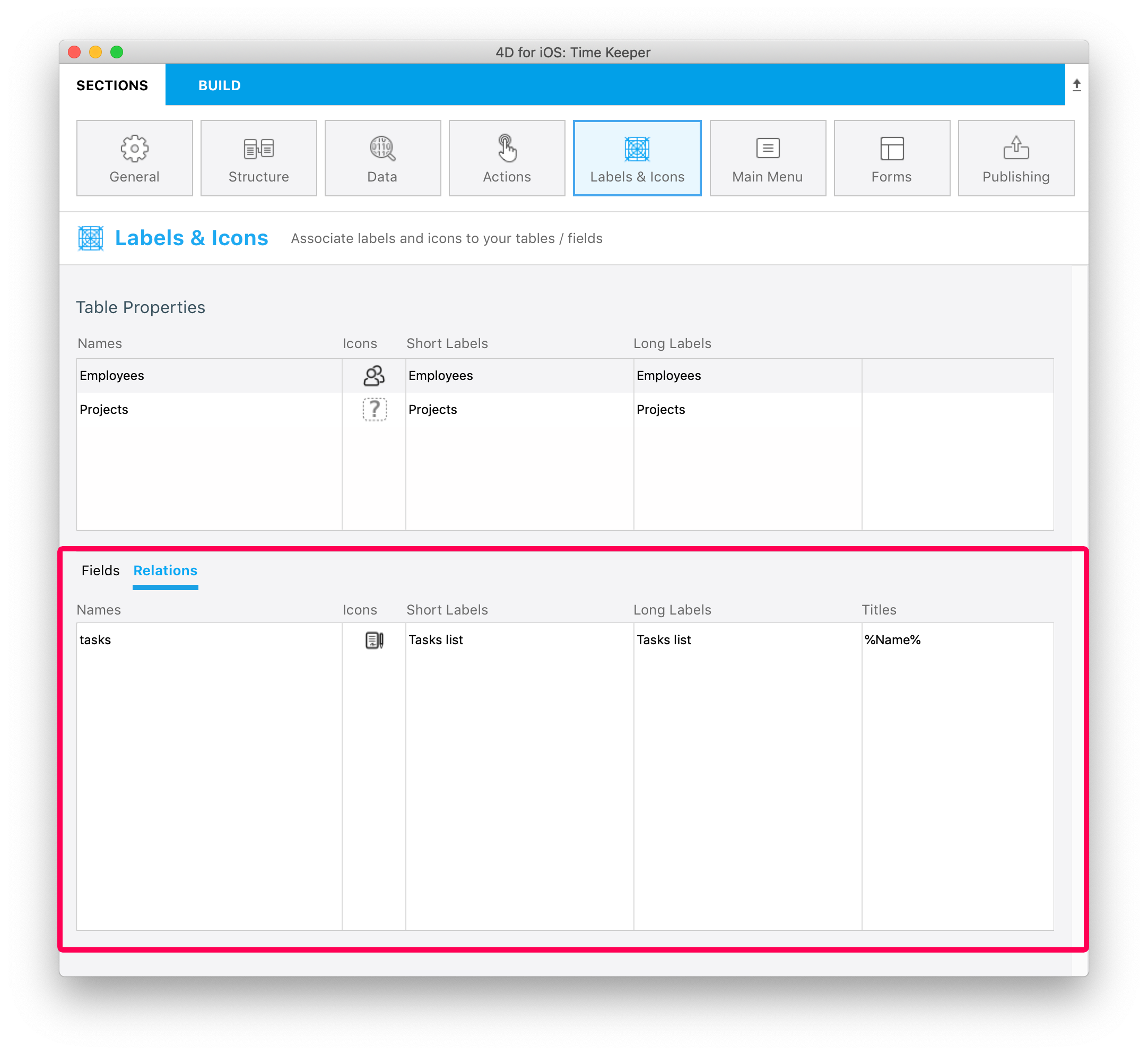 Labels &amp; Icons section Relations properties